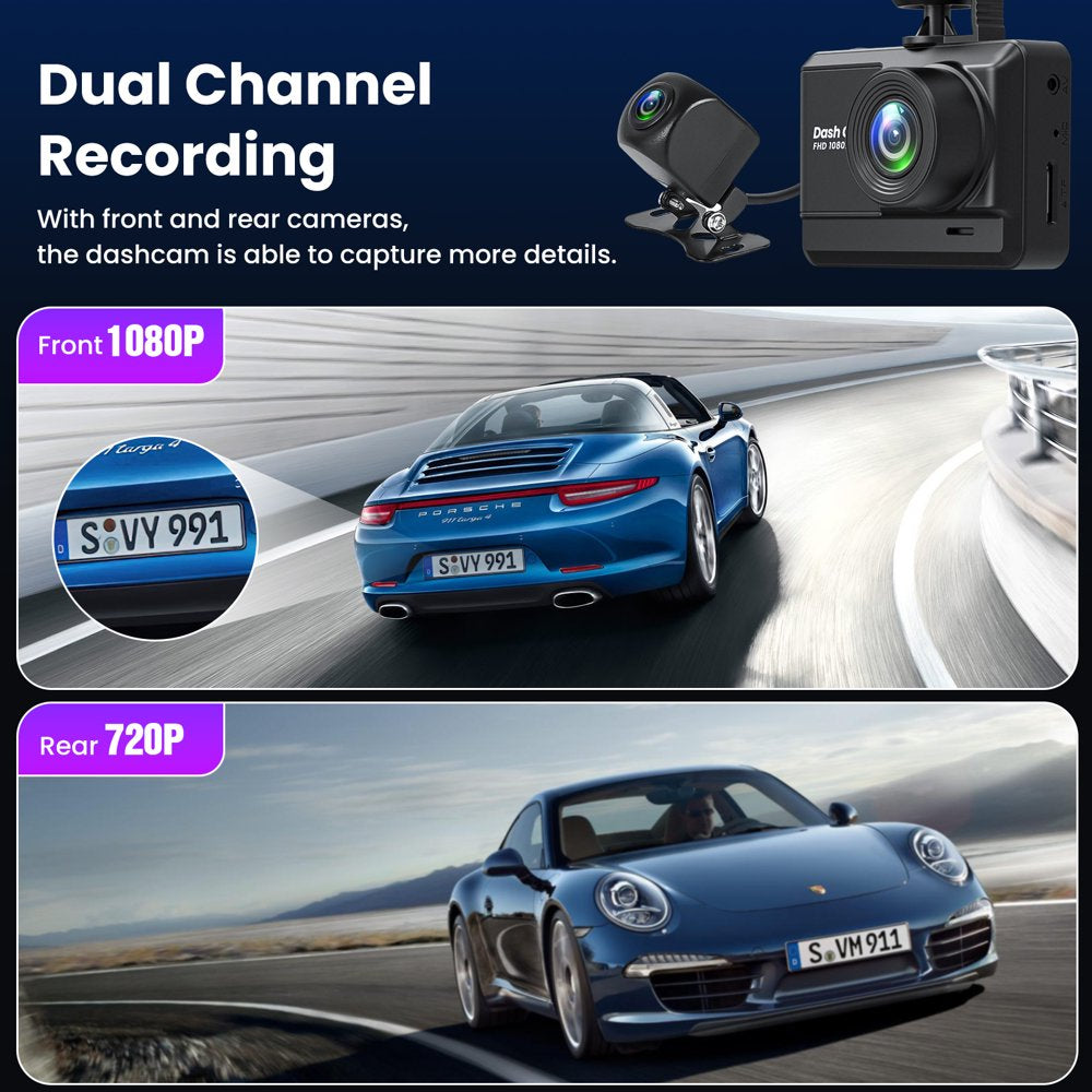 Dash Cam Front and Rear, Dash Cam 1080P Full HD with 2.45" IPS Screen, Night Vision, WDR, Accident Lock, Loop Recording, Parking Monitor, SD Card NOT Included