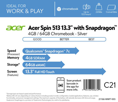 Spin 513 Chromebook, 13.3" FHD IPS Multi-Touch Corning Gorilla Glass Display, Qualcomm Snapdragon 7C Compute Platform, 4GB RAM, 64GB Emmc, CP513-1H-S60F